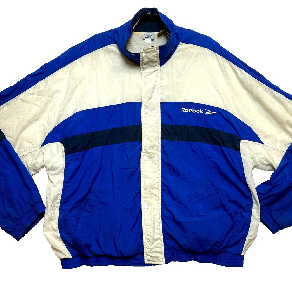 VINTAGE Reebok Track Jacket Mens 2XL Blue White Windbreaker Lined